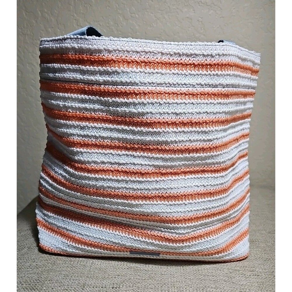 Vera Bradley Sunny Medallion Turtle  Orange Stripe Straw Tote Beach Bag NWOT - Picture 5 of 11